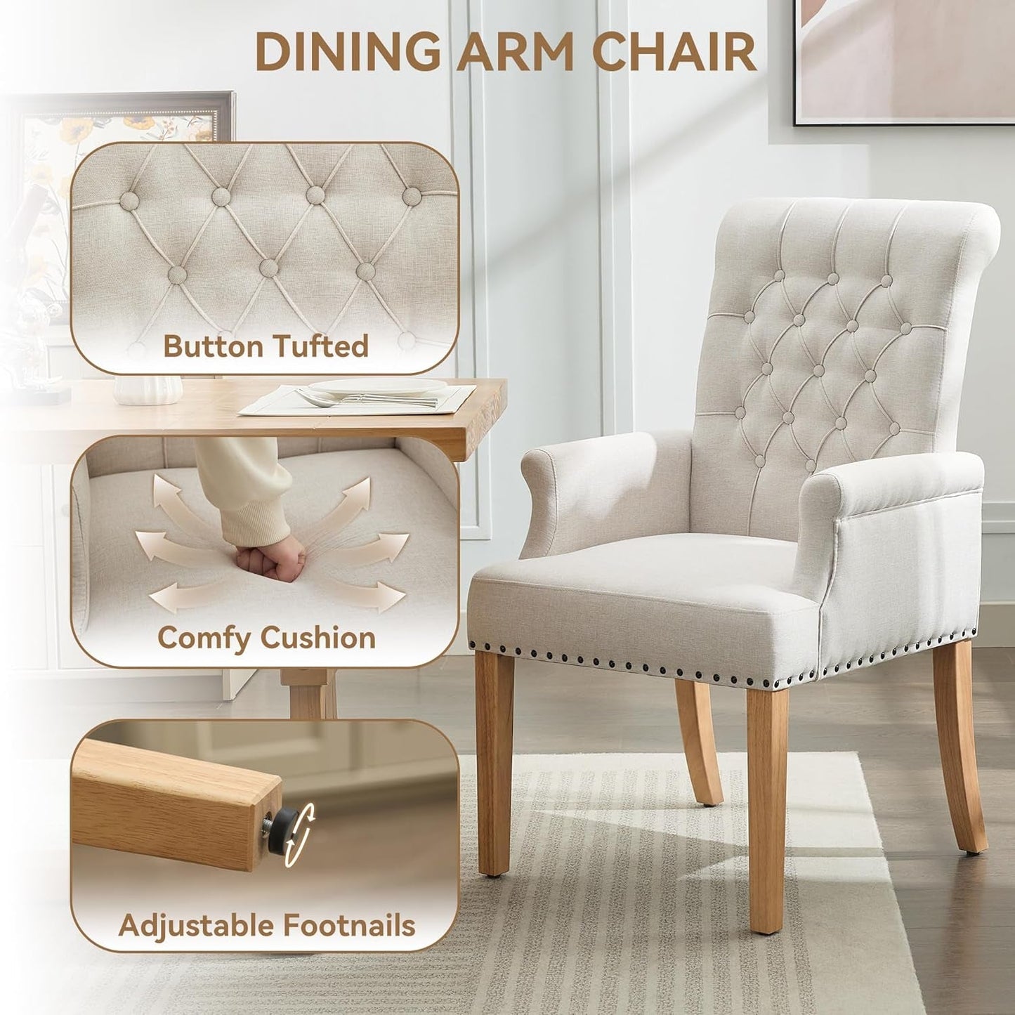 Beige Upholstered Dining Chair With Armrests Tufted