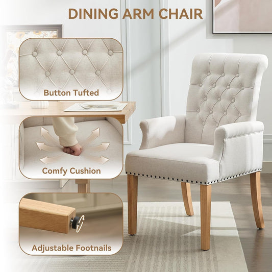 Beige Upholstered Dining Chair With Armrests Tufted