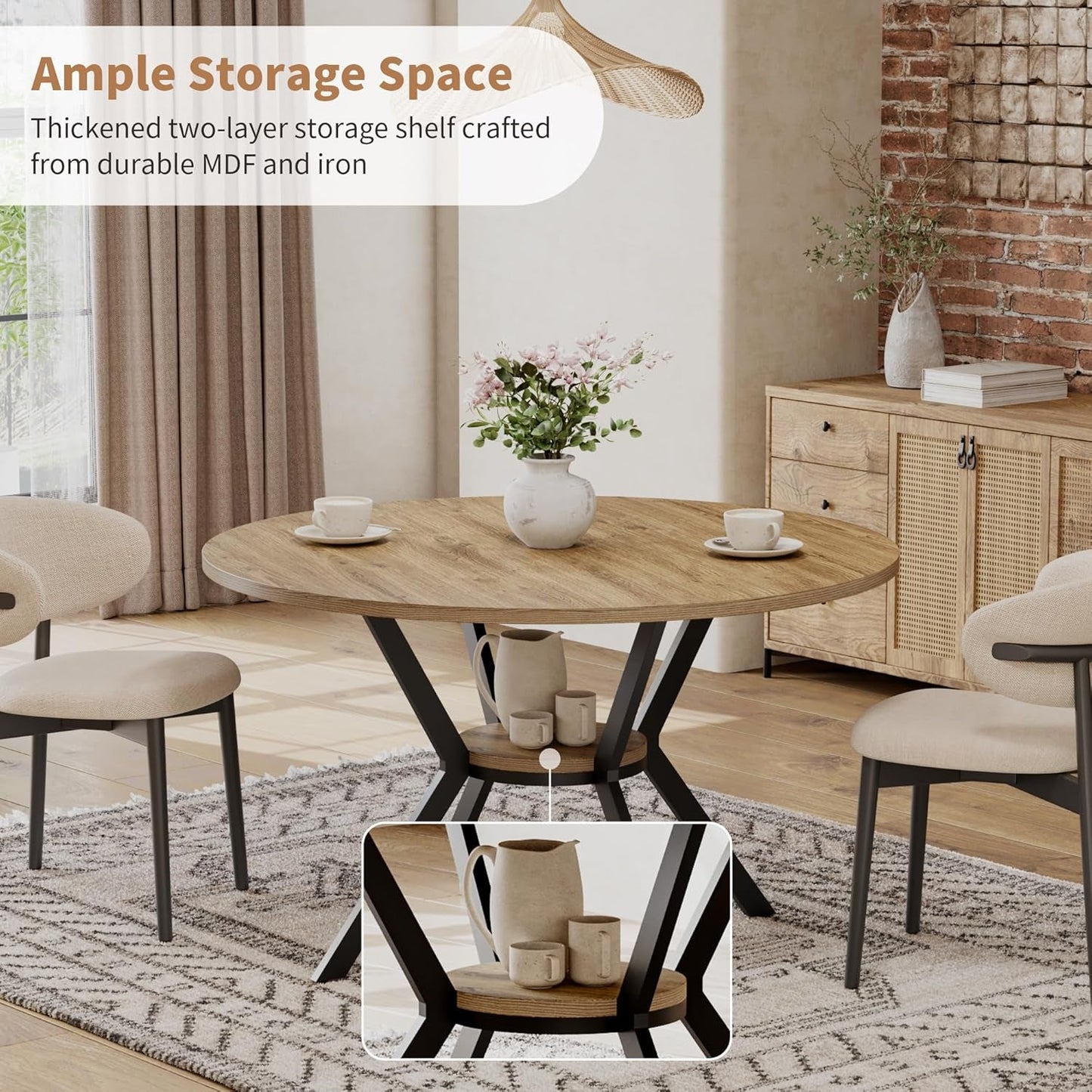 42 Inch Round Farmhouse Dining Table With Compact Storage