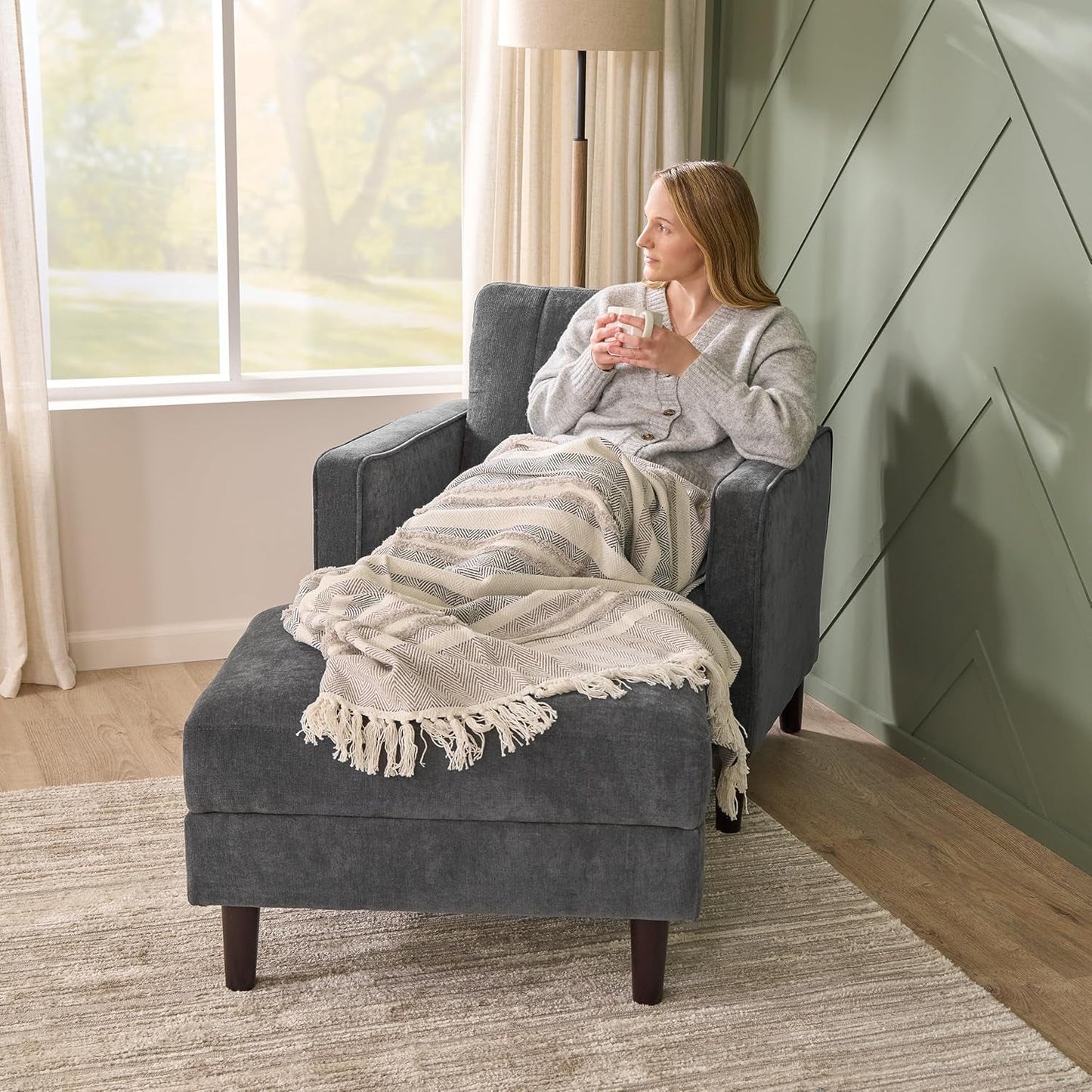 Iron Gray Chenille Reinforced Storage Ottoman Tray