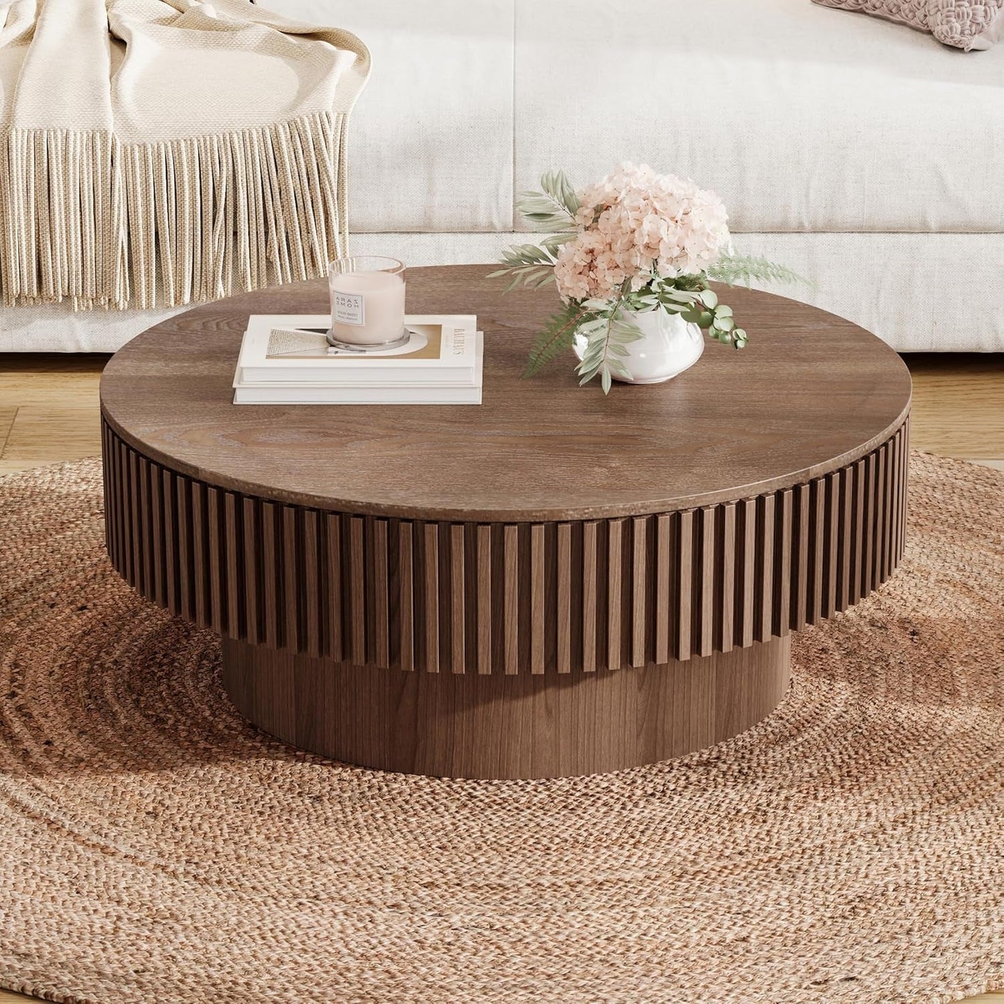 Walnut Round Coffee Table With Hidden Storage Compartment