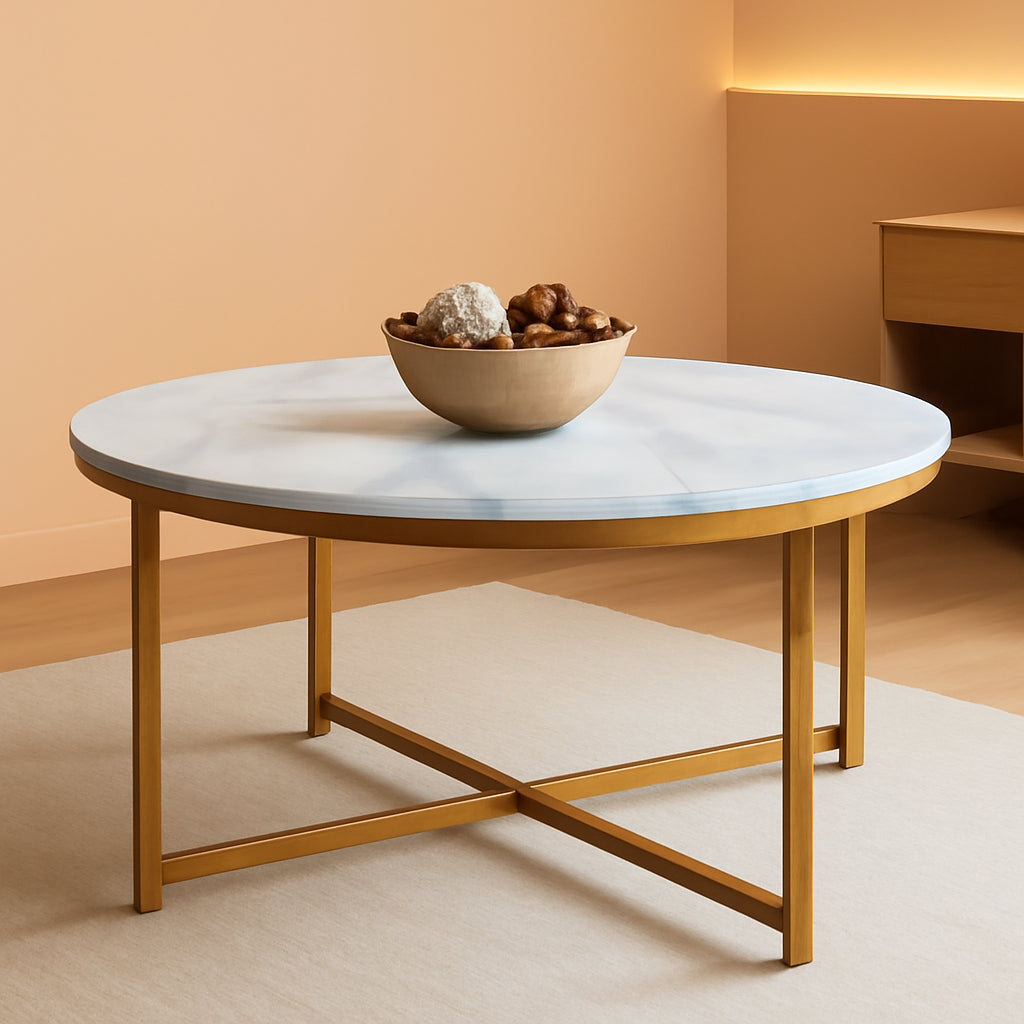 Round Coffee Table With Faux Marble Top Cross Leg Design