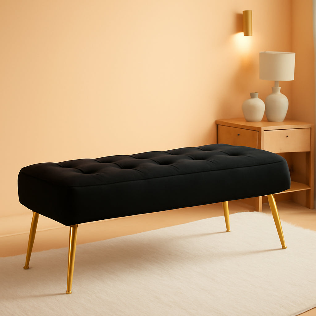 Black Velvet Upholstered Ottoman Bench Golden Legs