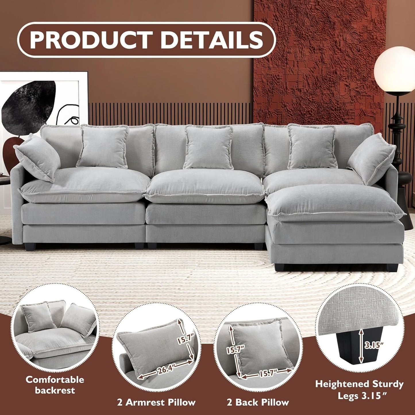 111 Inch L Shaped Modern Glam Sofa Sectional With Ottoman Cloud Foam Cushions Grey Chenille