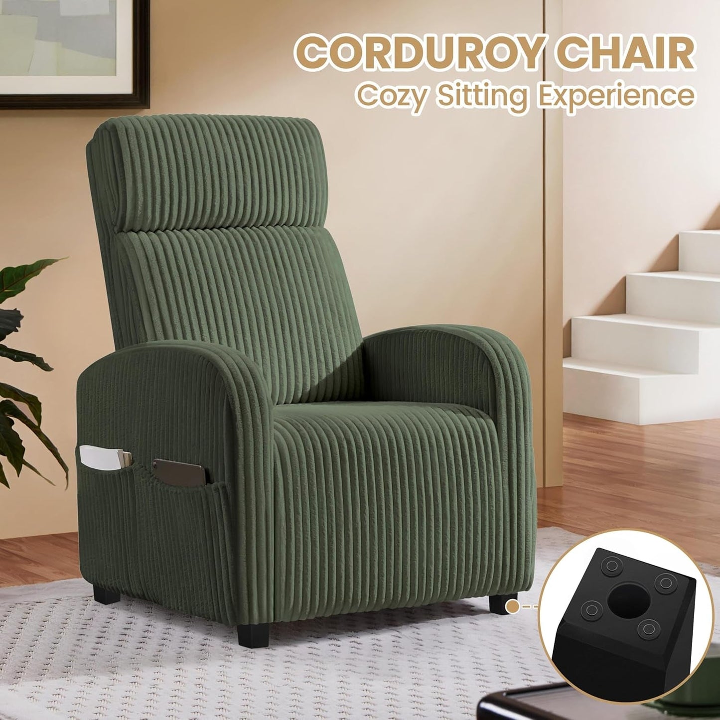 Corduroy Dark Green High-Back Armchair With Pockets