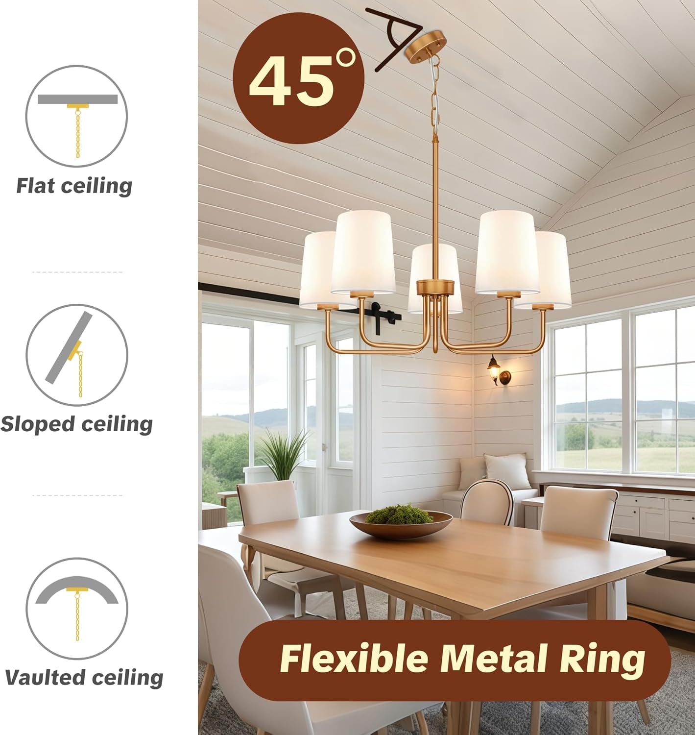 Brass Farmhouse Chandelier Five Light Adjustable Fixture