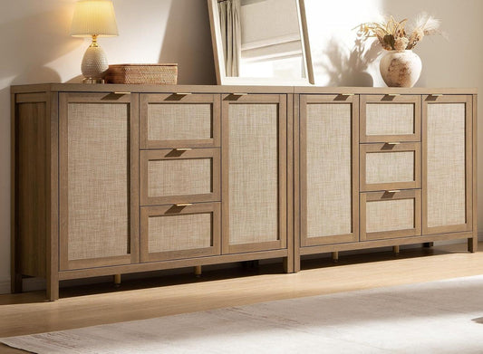 Caramel Oak Rattan Large Sideboard Buffet Storage Cabinet