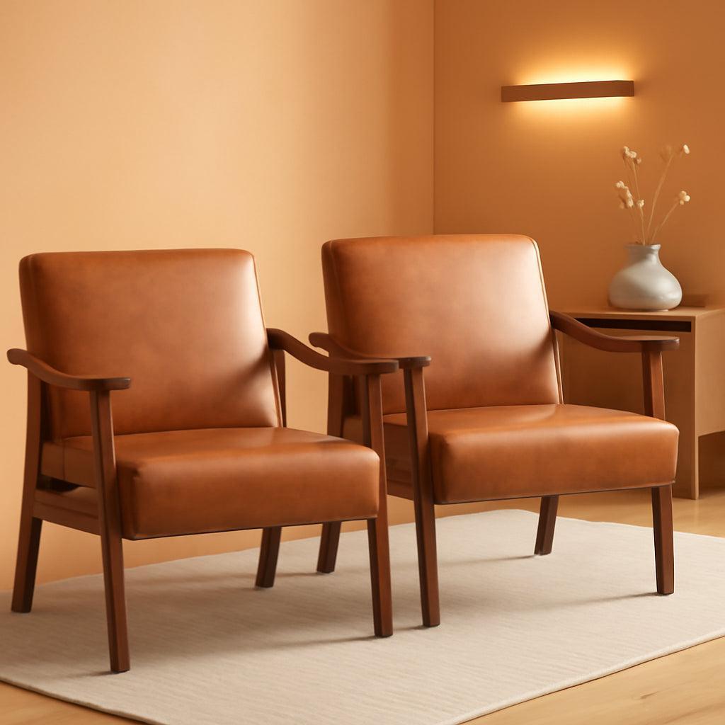 Brown PU Leather Accent Chairs Set of 2 Mid Century Modern