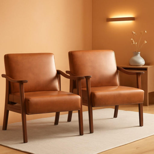 Brown PU Leather Accent Chairs Set of 2 Mid Century Modern