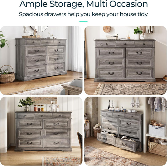 Grey 9-Drawer SolidWood Dresser For Bedroom Storage