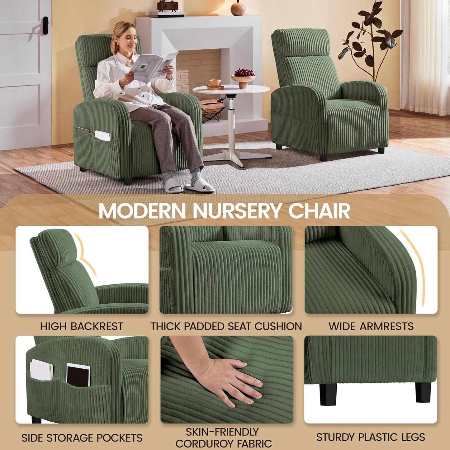 Corduroy Dark Green High-Back Armchair With Pockets