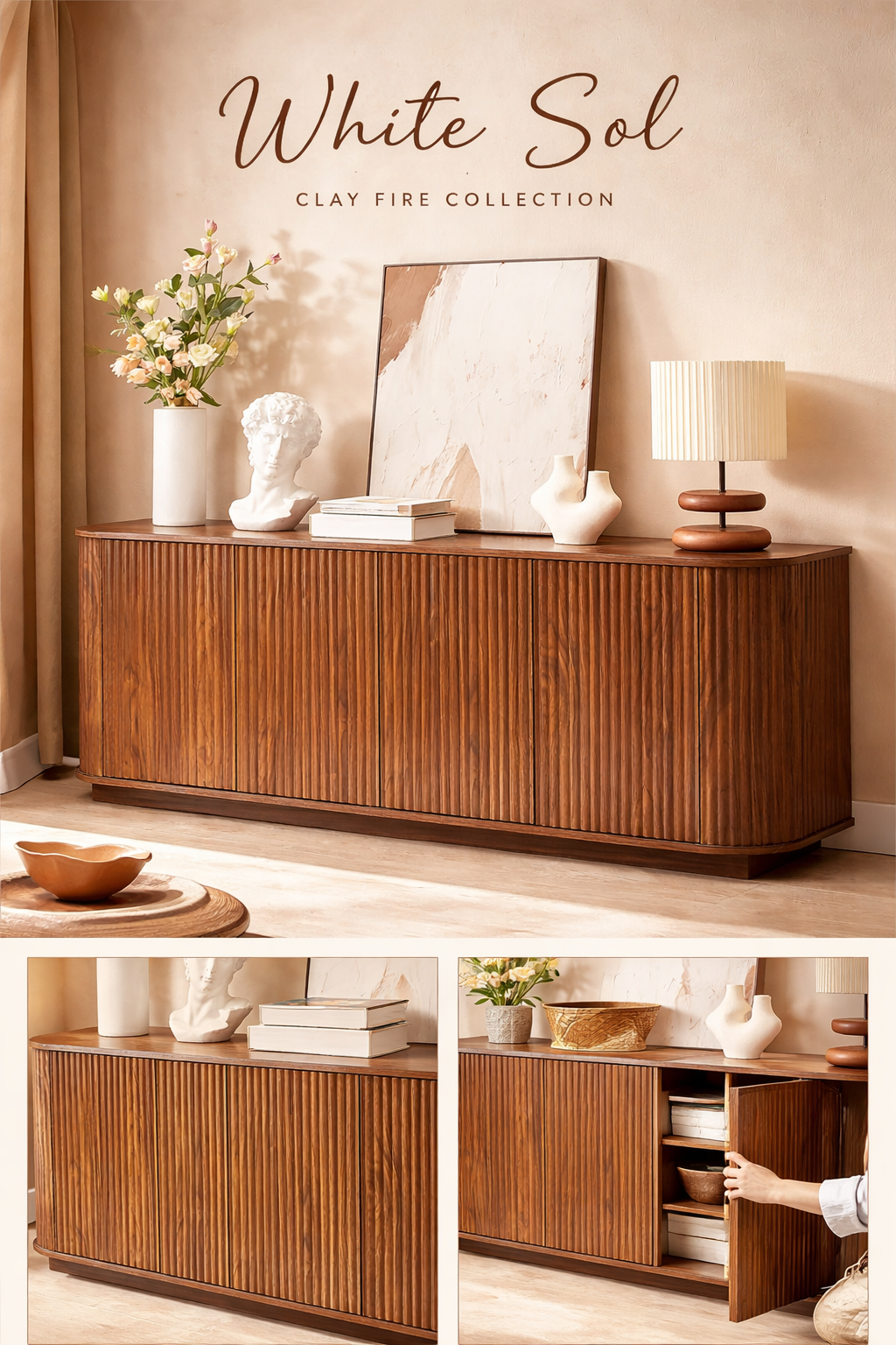 64 Inch Walnut Contemporary Buffet Sideboard Cabinet