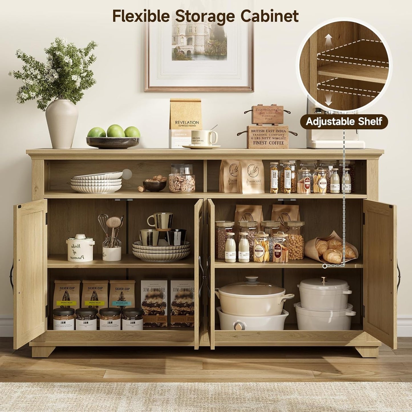 60 Inch Sideboard Buffet Cabinet With Open Storage