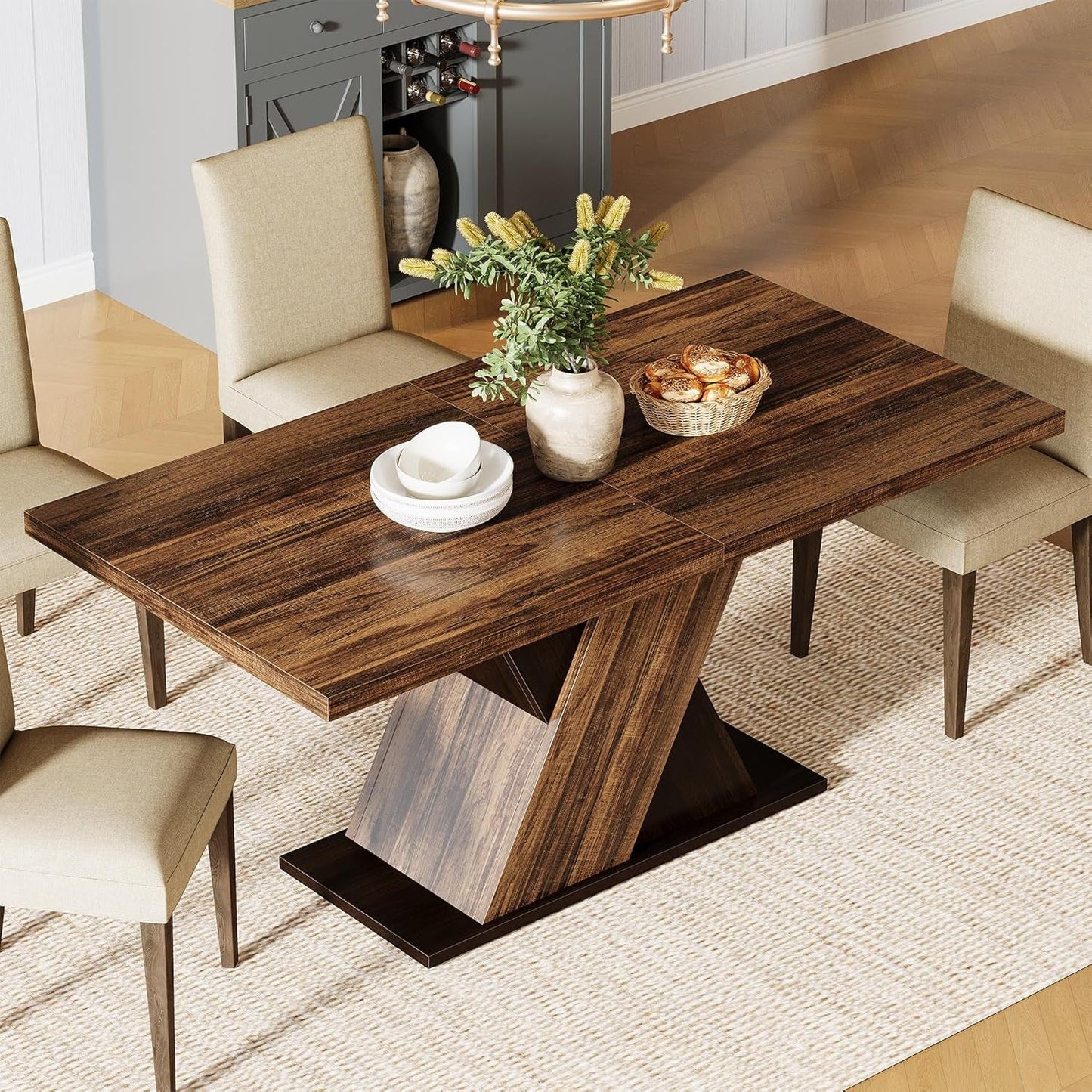 55 Inch Rustic Brown Farmhouse Dining Table For Four