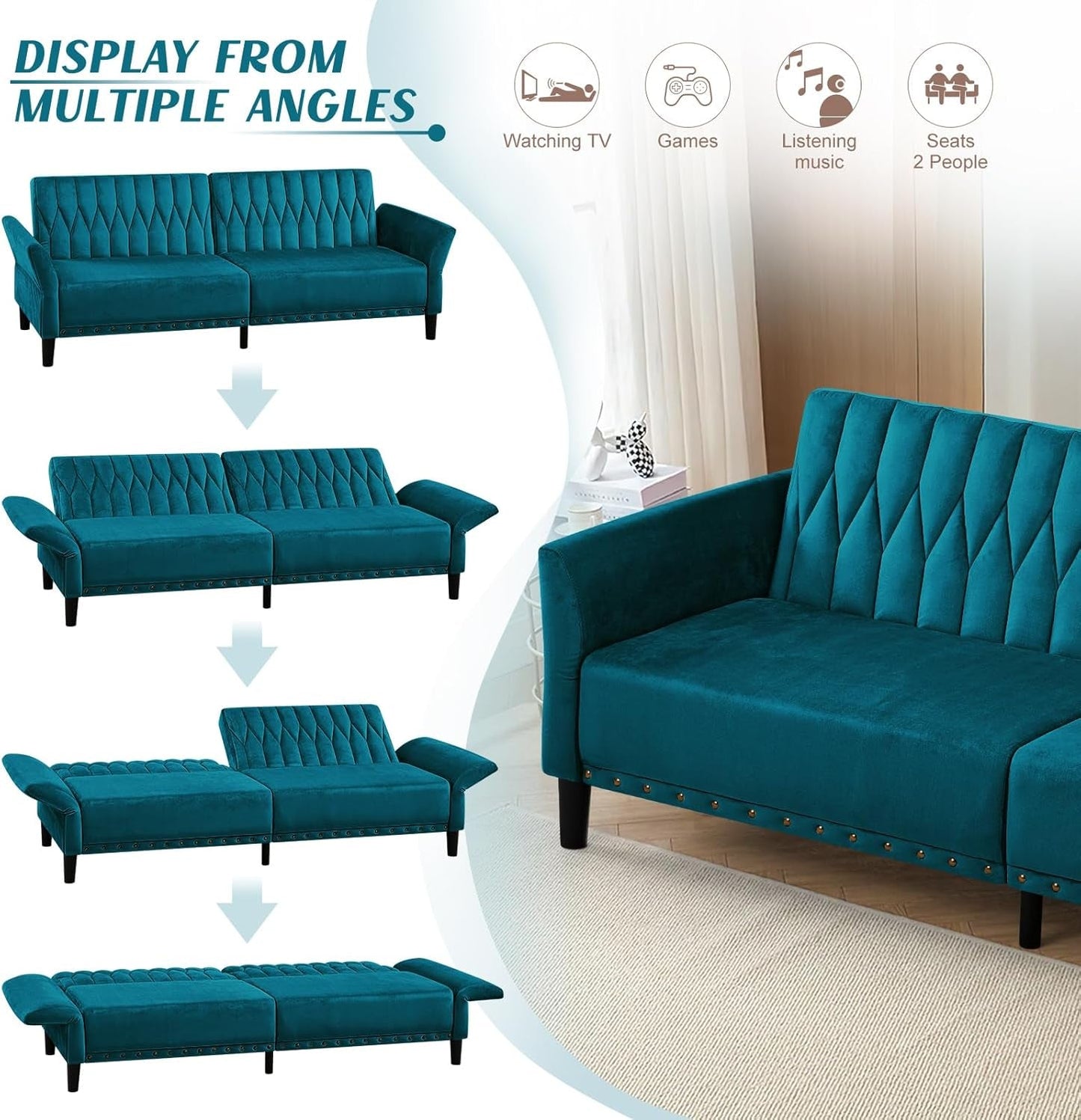 Teal Velvet Convertible Sleeper Sofa With Nailhead