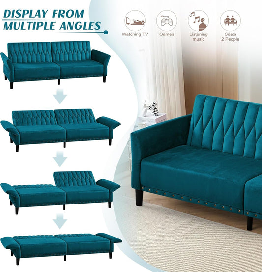 Teal Velvet Convertible Sleeper Sofa With Nailhead