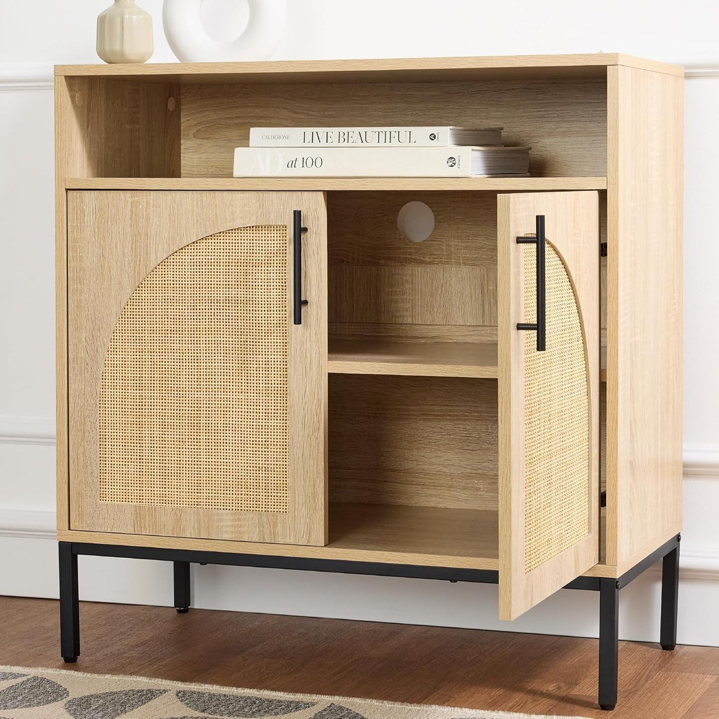 Rattan Sideboard Buffet Cabinet Natural Color Cord Cutout
