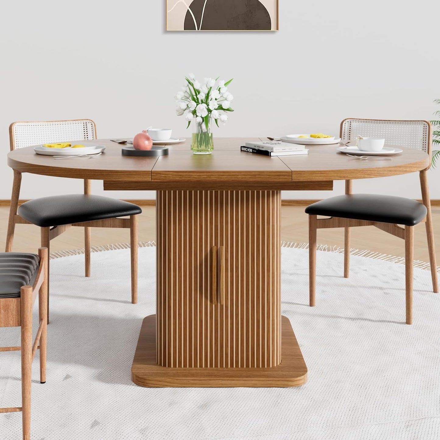 Extendable Round Dining Table 59 Inch Walnut Modern