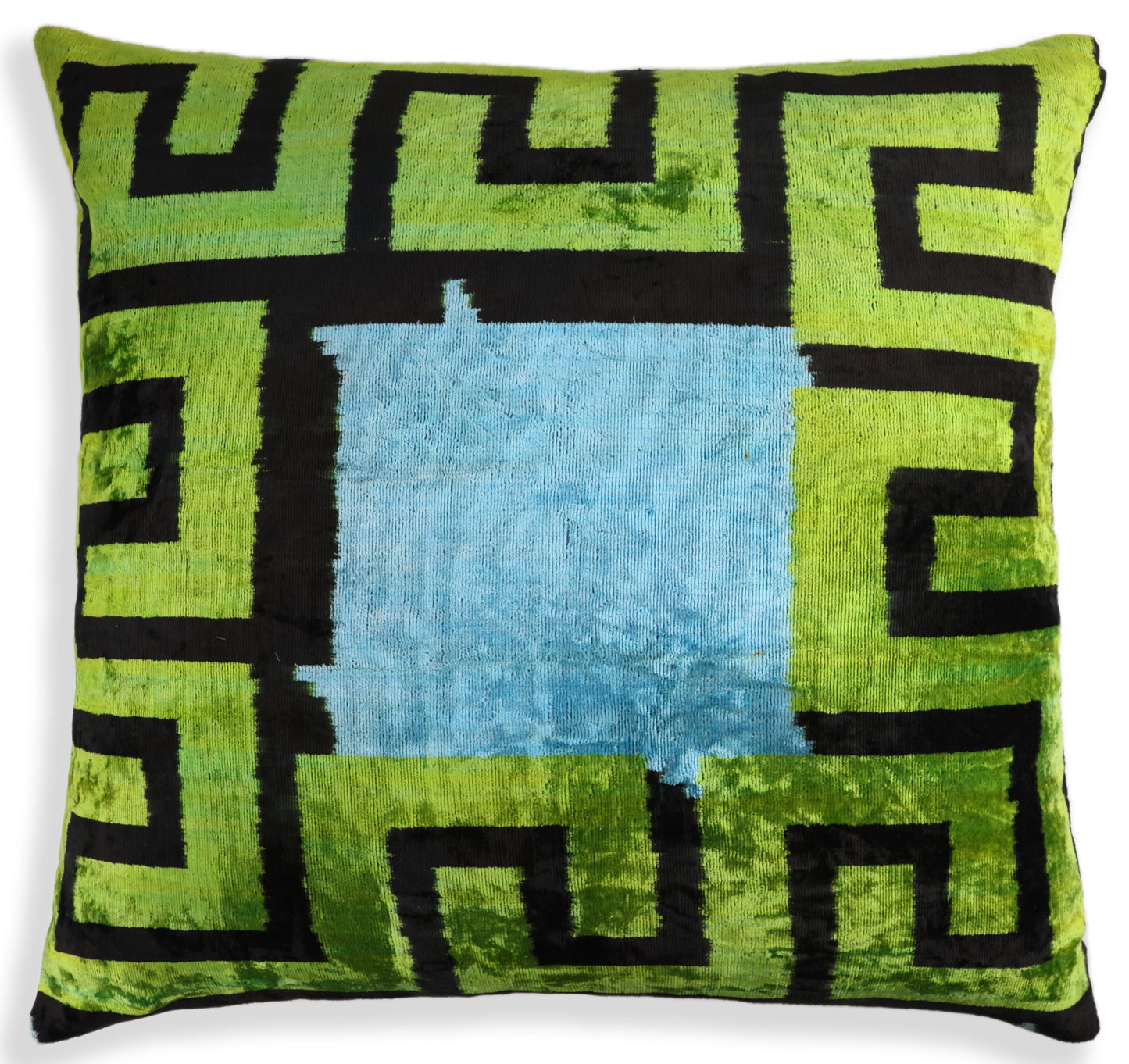 Greek Key Velvet Pillow in Green & Blue – Handmade 24x24 Inch Square
