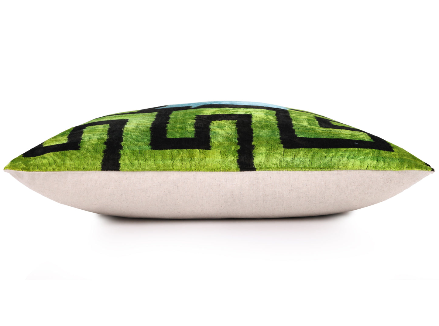 Greek Key Velvet Pillow in Green & Blue – Handmade 24x24 Inch Square