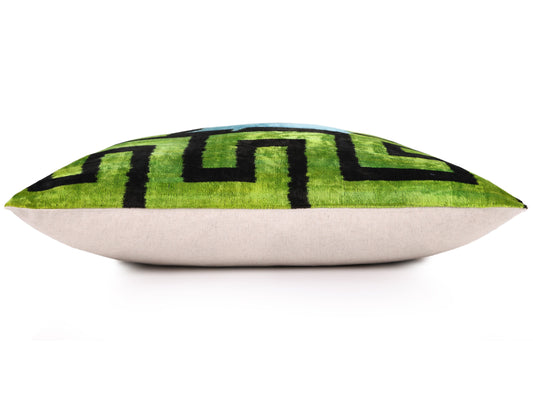 Greek Key Velvet Pillow in Green & Blue – Handmade 24x24 Inch Square