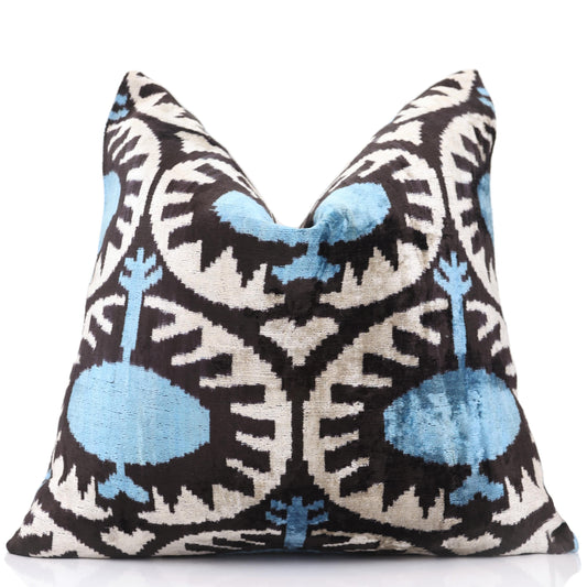 Blue Black Geometric Silk Velvet Pillow – 20x20 Handmade Ikat Throw Cushion