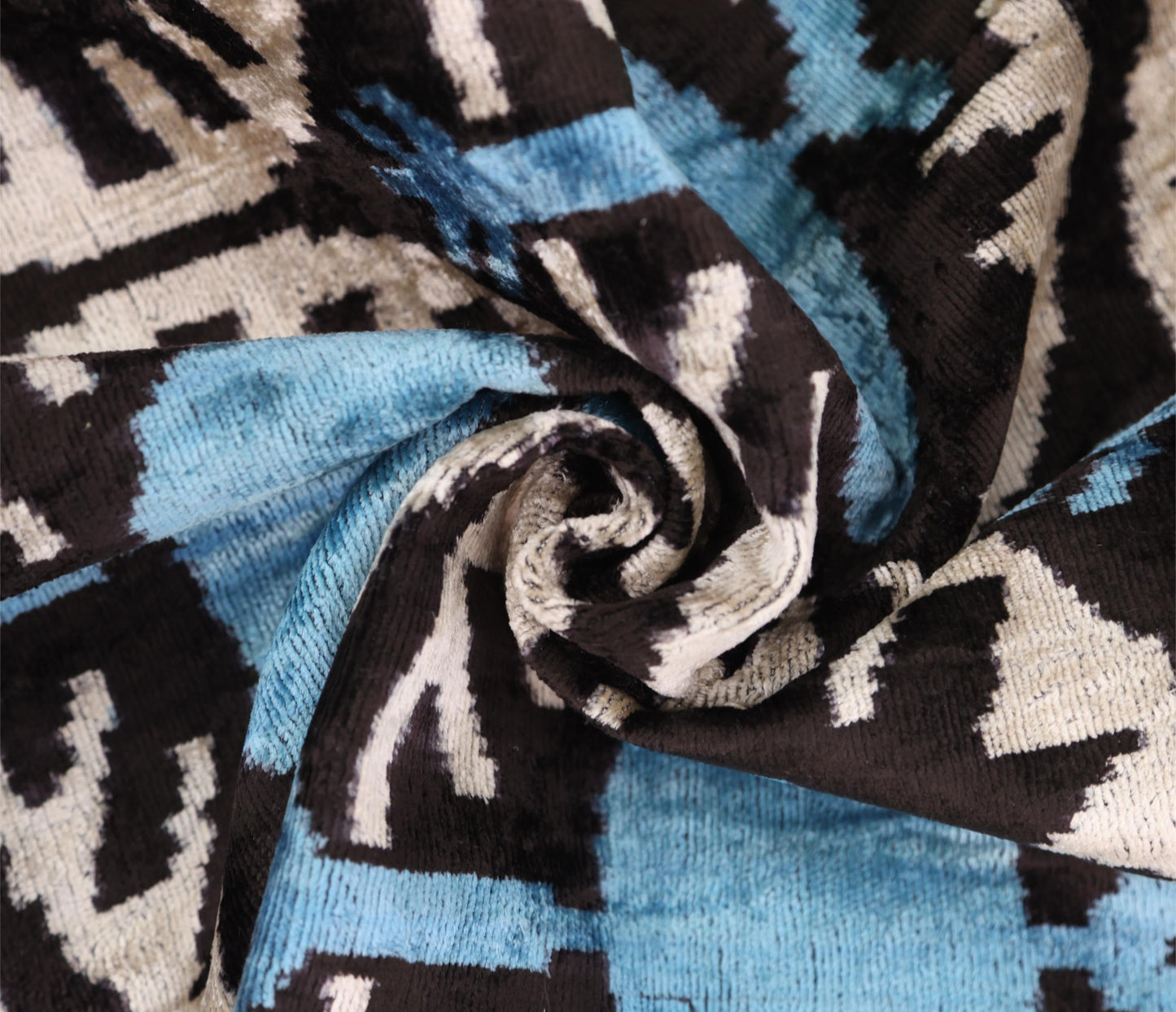 Blue Black Geometric Silk Velvet Pillow – 20x20 Handmade Ikat Throw Cushion