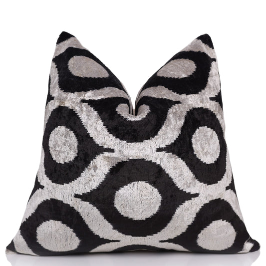 Black Silver Silk Velvet Pillow – 20x20 Handmade Modern Ikat Cushion