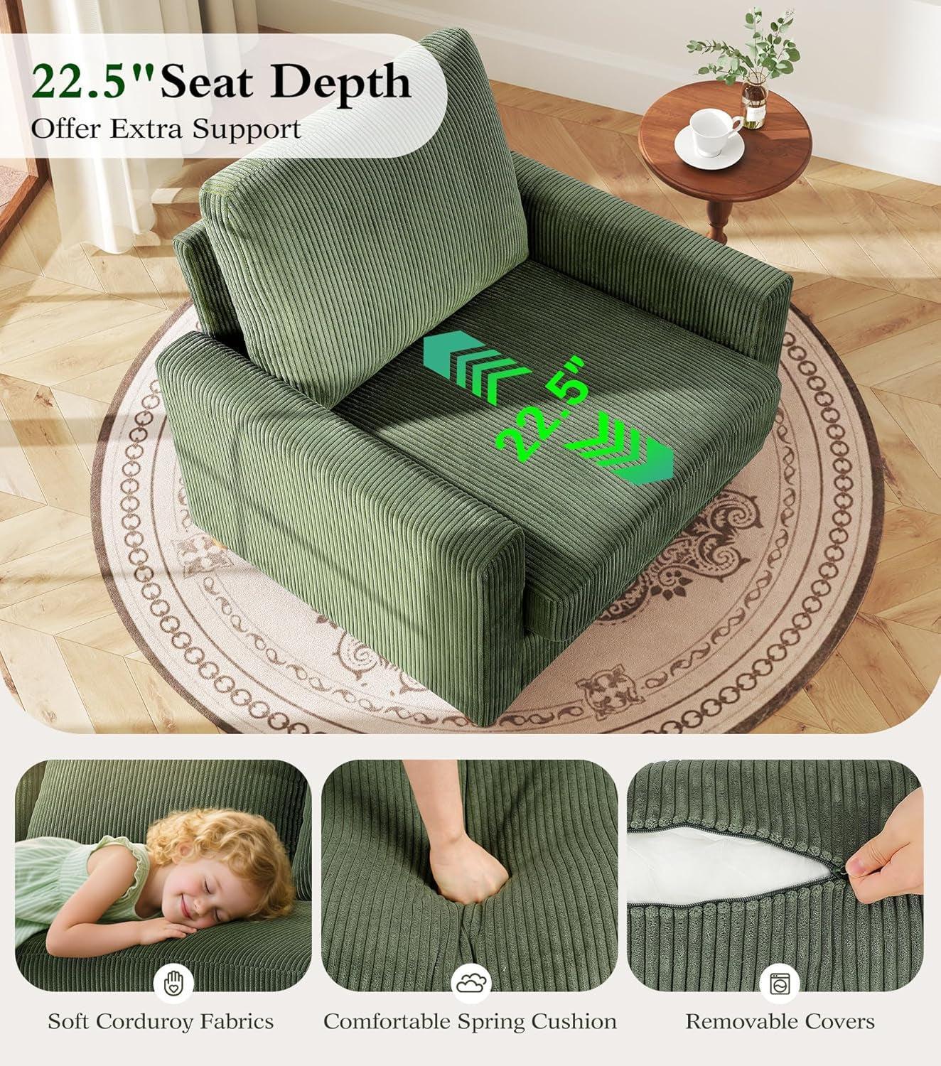 Green Corduroy Accent Chair With 22 Inch Deep Seat