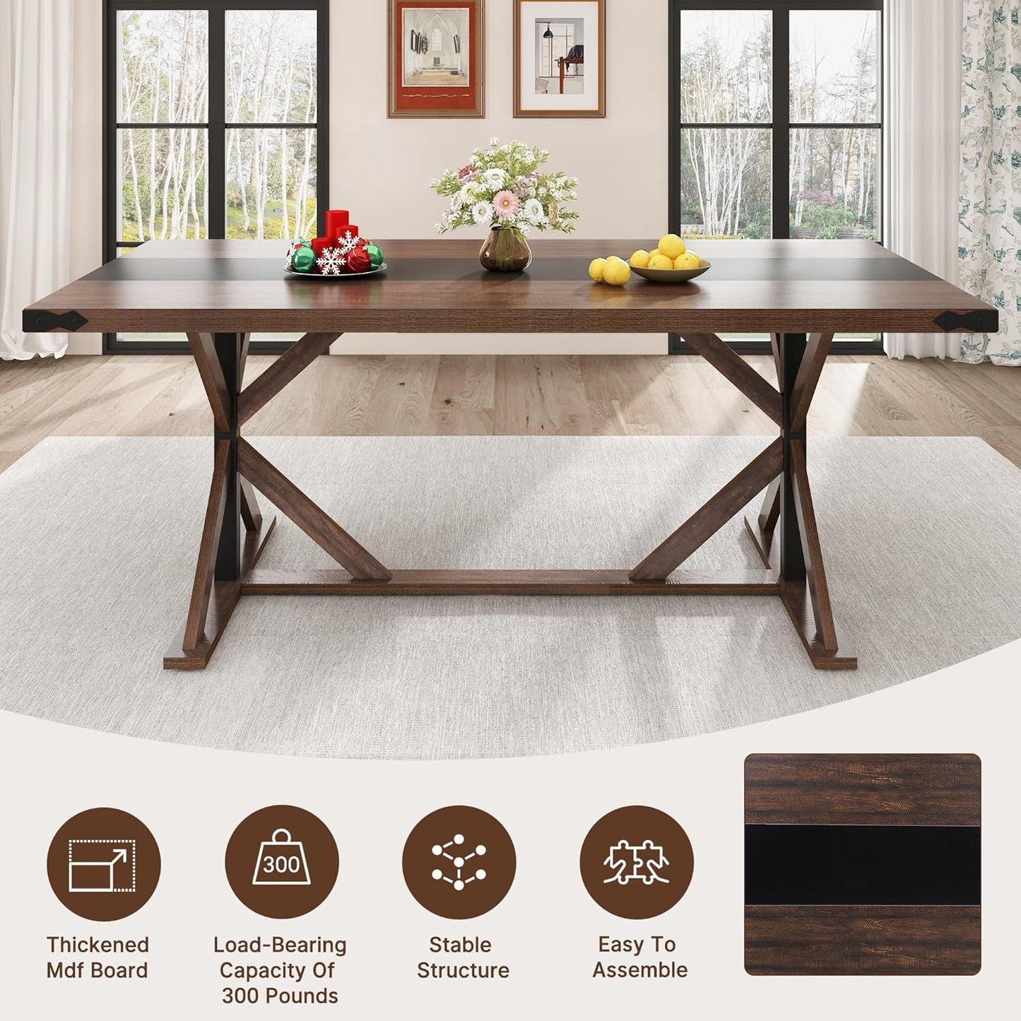 71 Inch Farmhouse Dining Table Waterproof Wood Grain Top