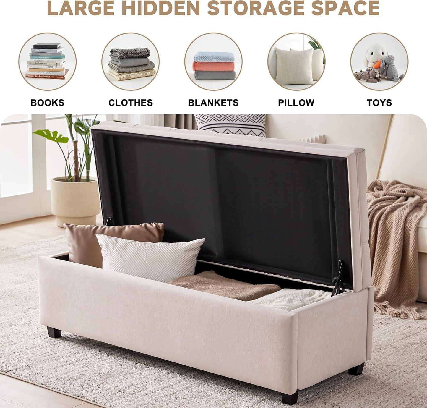 50 Inch Beige Tufted Storage Ottoman Bench Upholstered