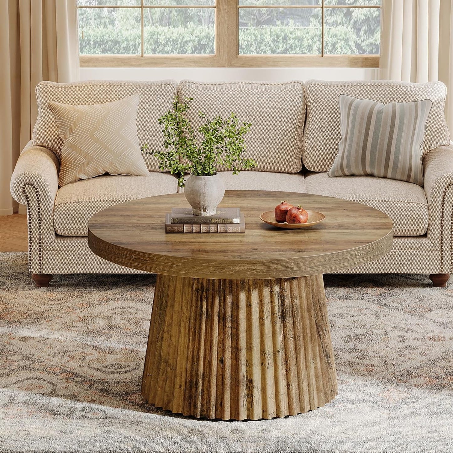 Solid Walnut Round Coffee Table 31.5 Inches Drum Base