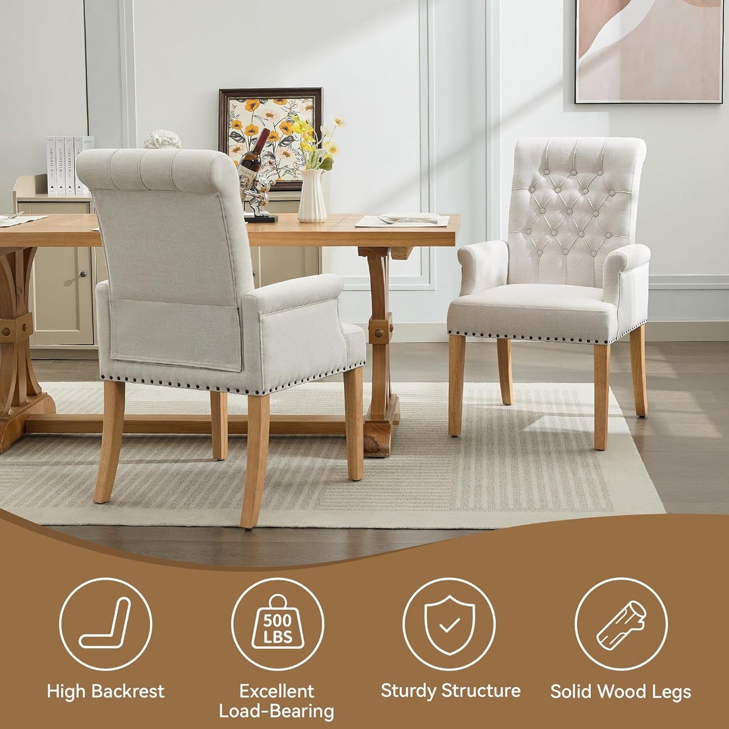 Beige Upholstered Dining Chair With Armrests Tufted