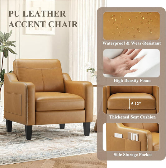 Brown PU Leather Accent Armchair With Removable Cushions