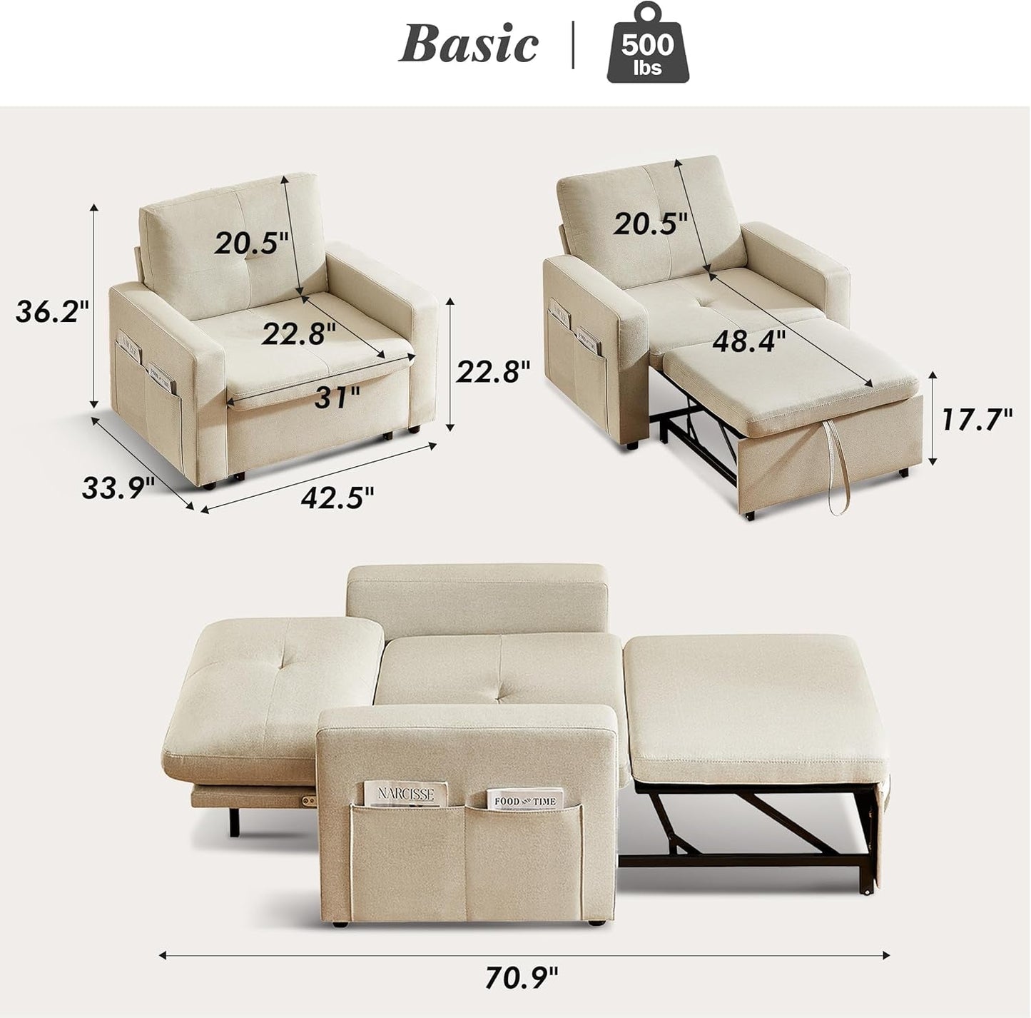 Forty Two Point Five Inch Sleeper Chair Bed Beige Convertible Sofa Bed