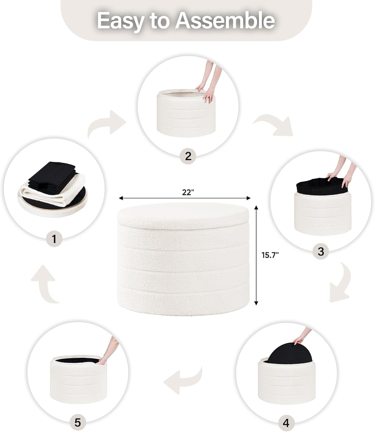 White Twenty TwoIn Round Sherpa Boucle Ottoman Tray