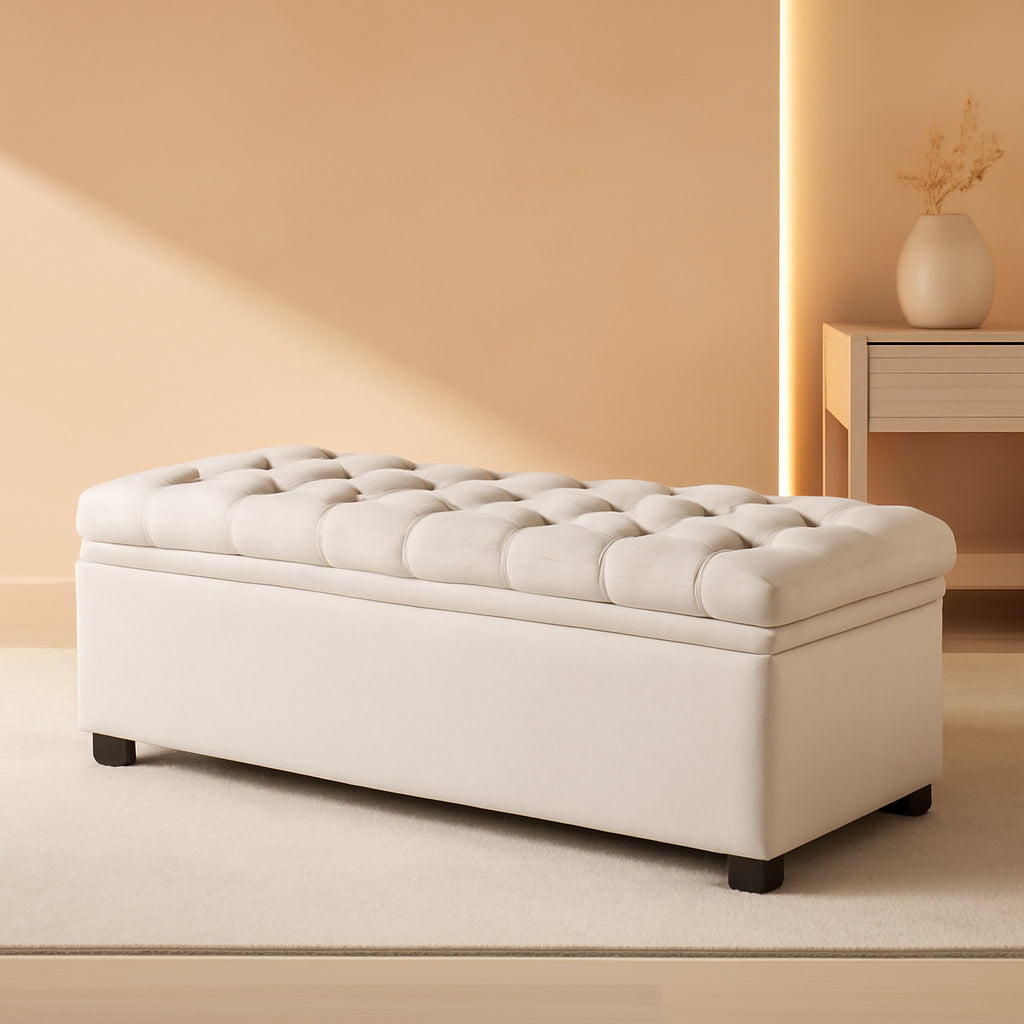 50 Inch Beige Tufted Storage Ottoman Bench Upholstered