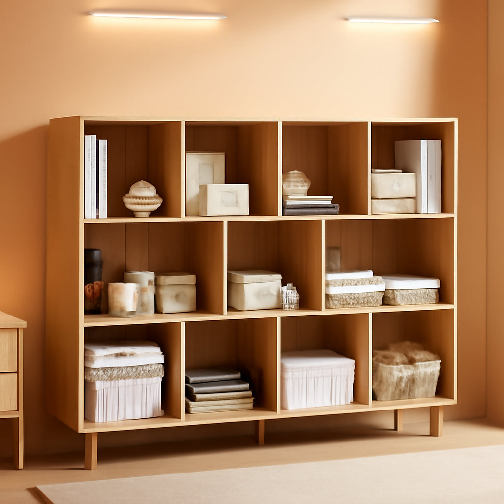 Open Cube Low Bookcase 3 Tier Freestanding Oak Finish