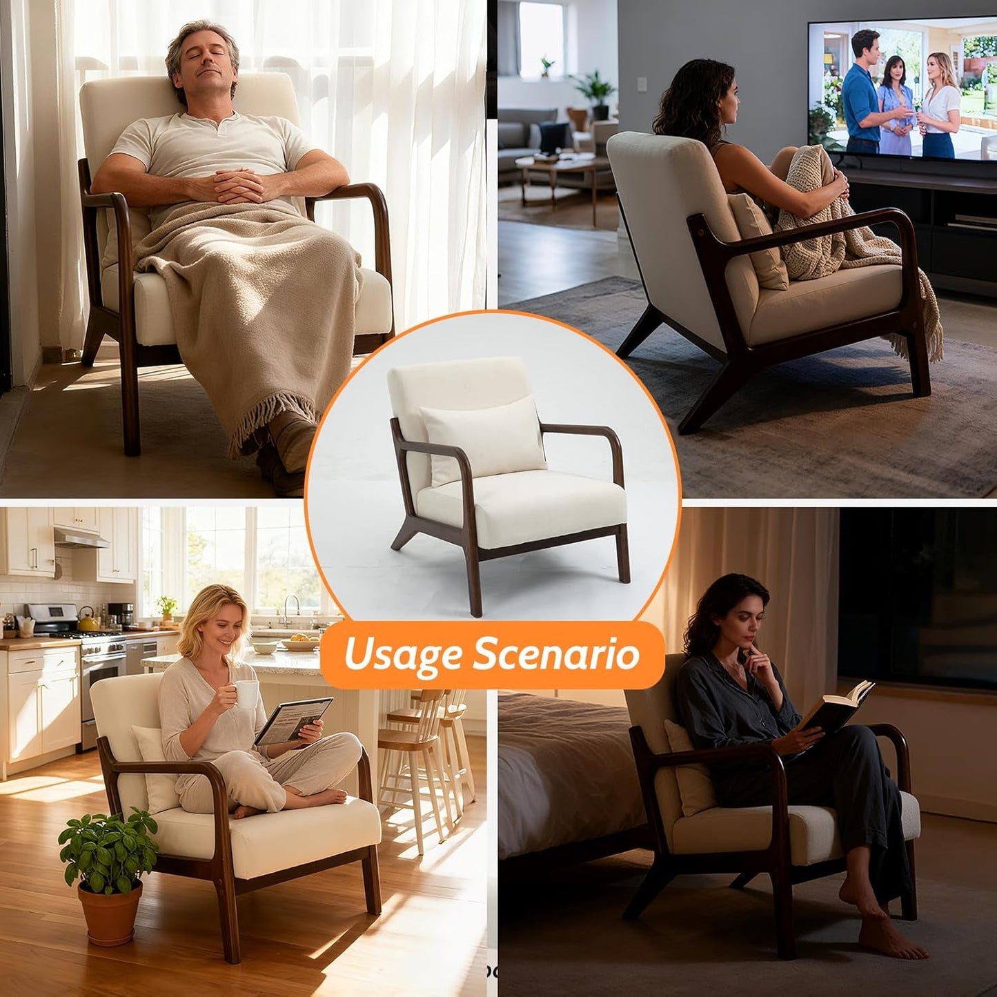 White Linen Upholstered Armchair With Premium Wood