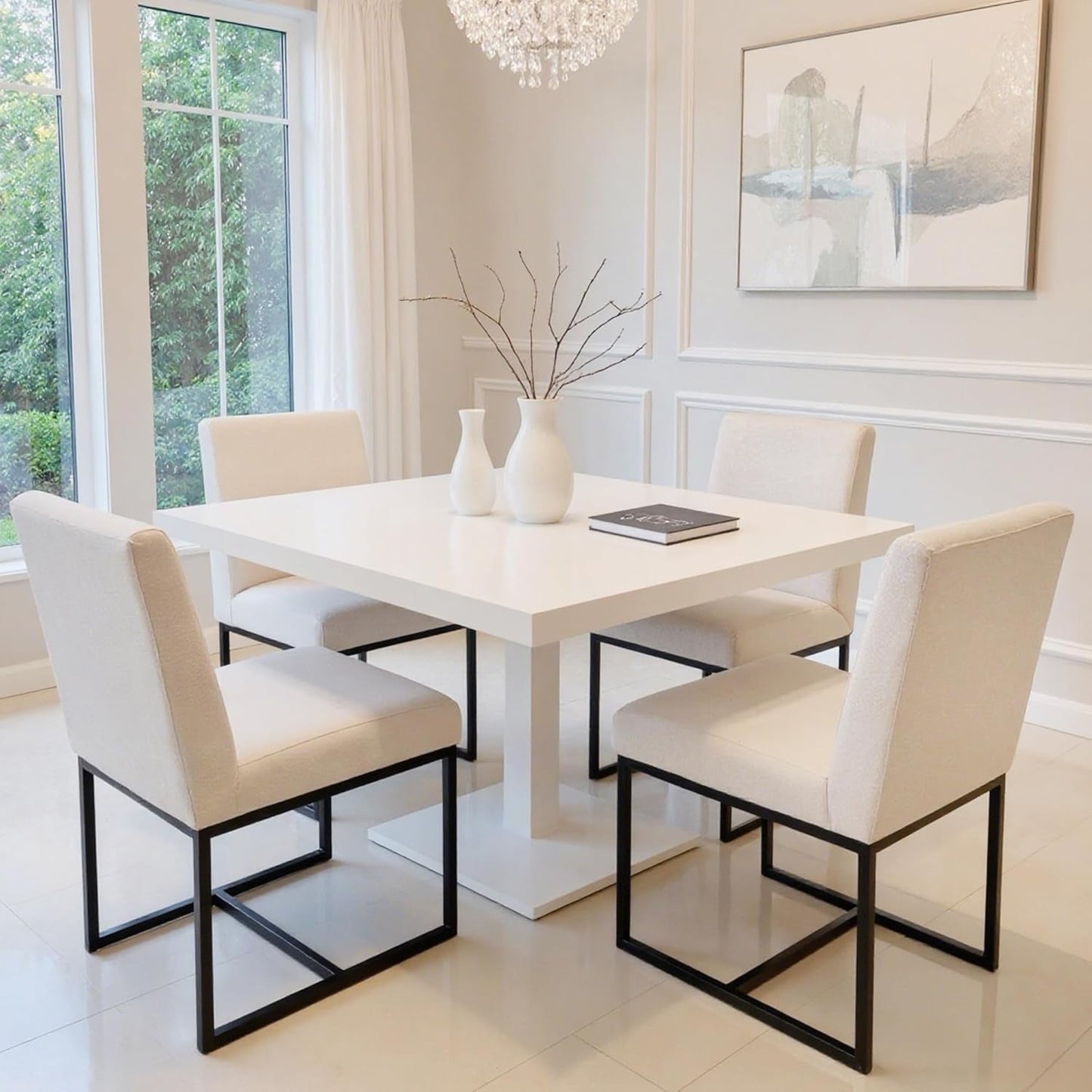 Cream Linen Upholstered Dining Chairs Midcentury Modern