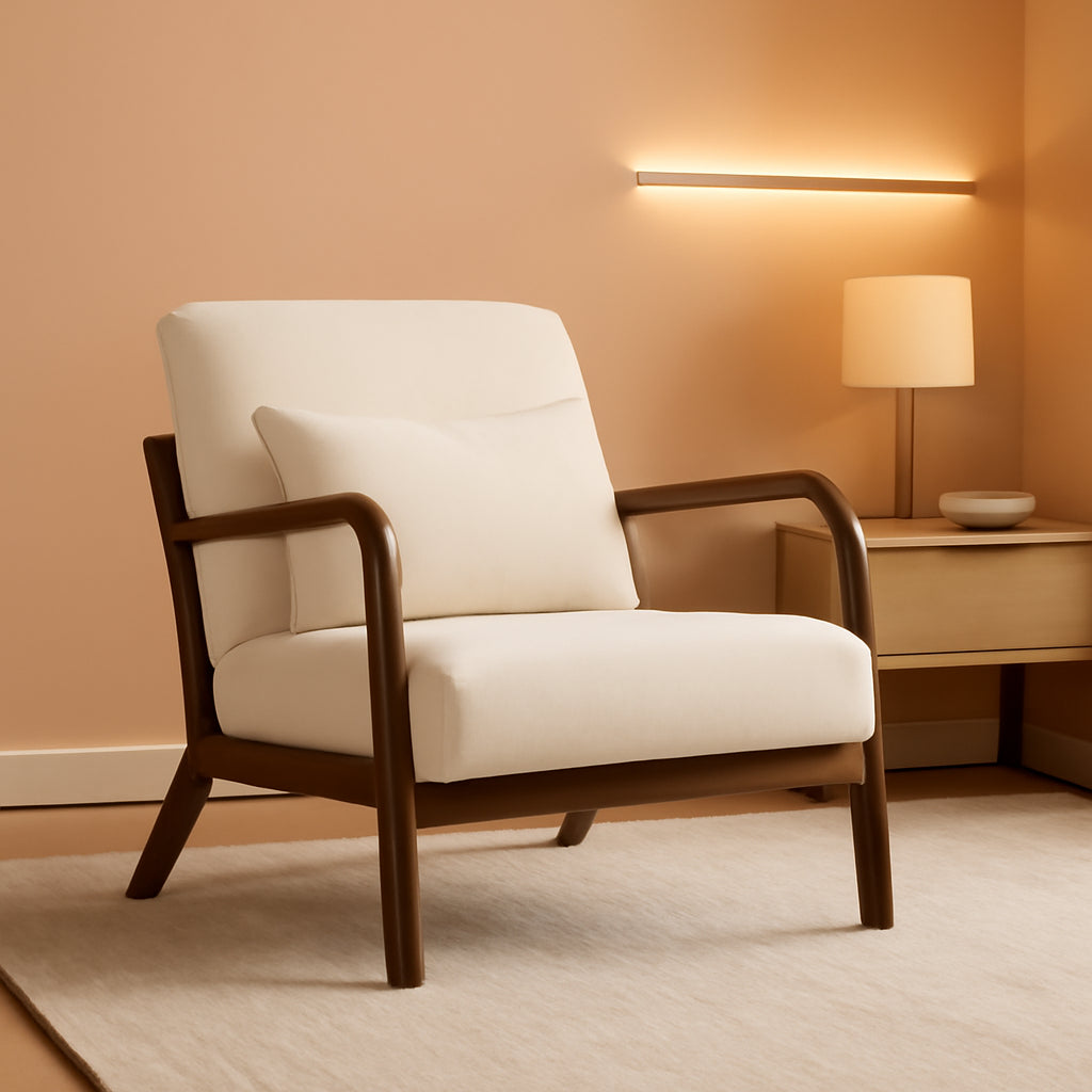 White Linen Upholstered Armchair With Premium Wood