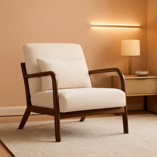 White Linen Upholstered Armchair With Premium Wood