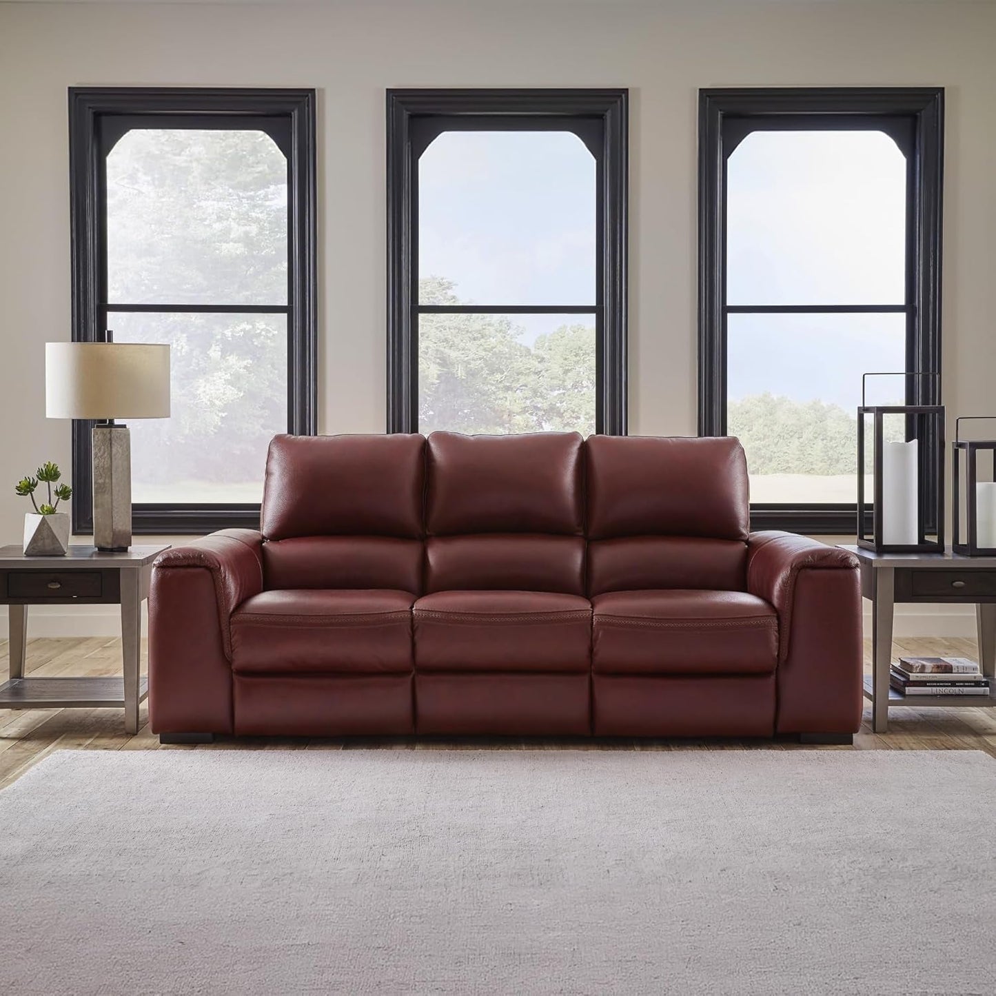 Garnet Leather Power Recliner Sofa Adjustable Headrest