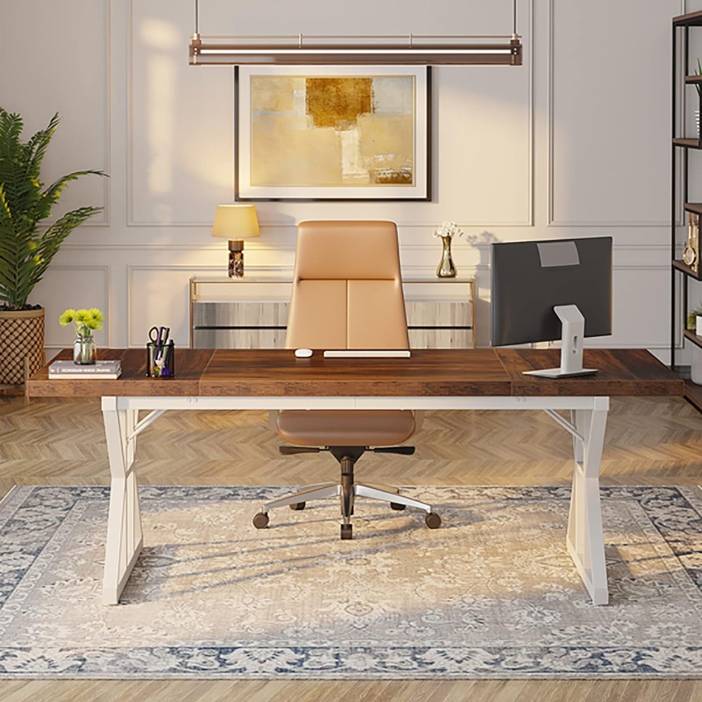 70.8 Inch Executive Desk Brown White Home Office Desk