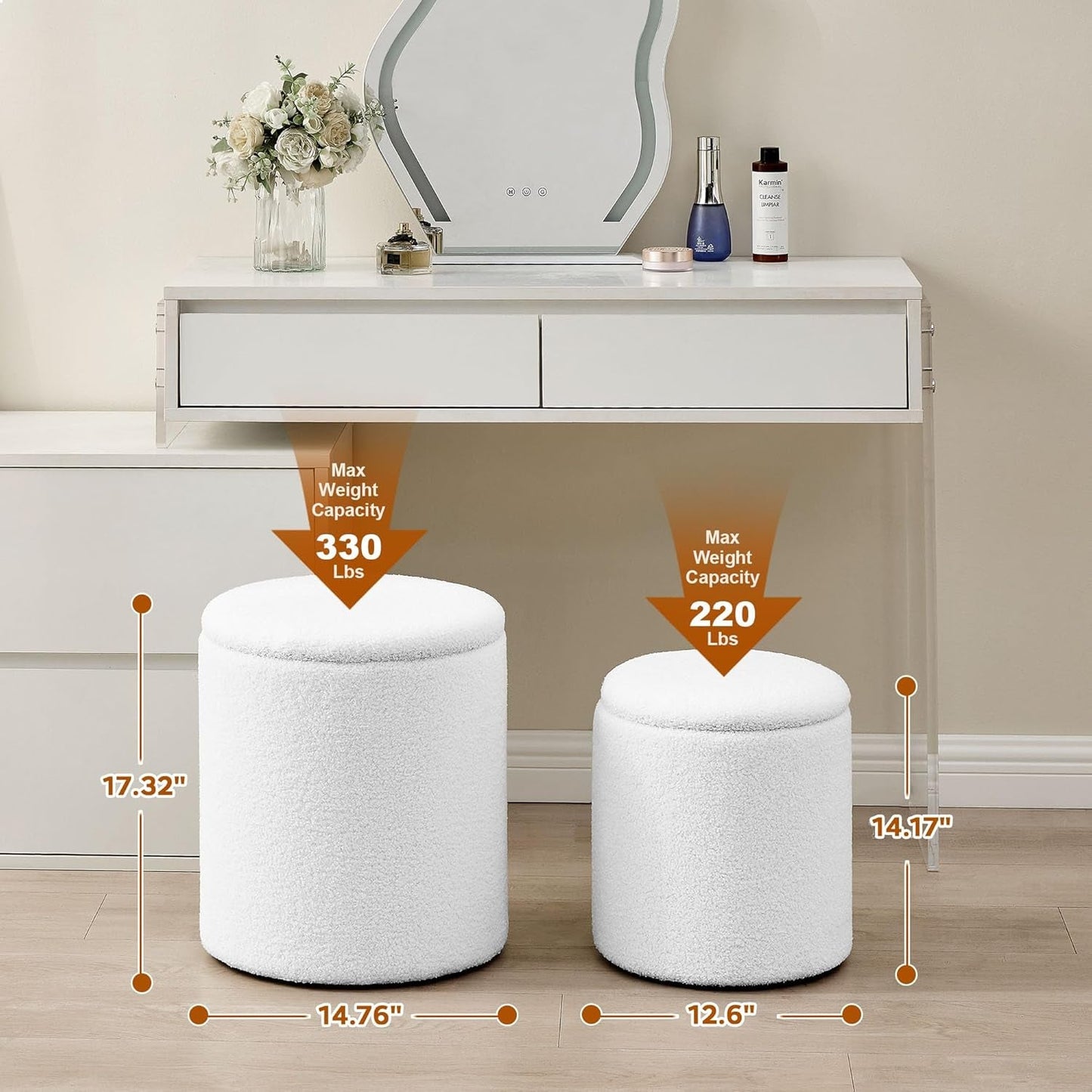 White Round Boucle Velvet Upholstered Storage Ottoman