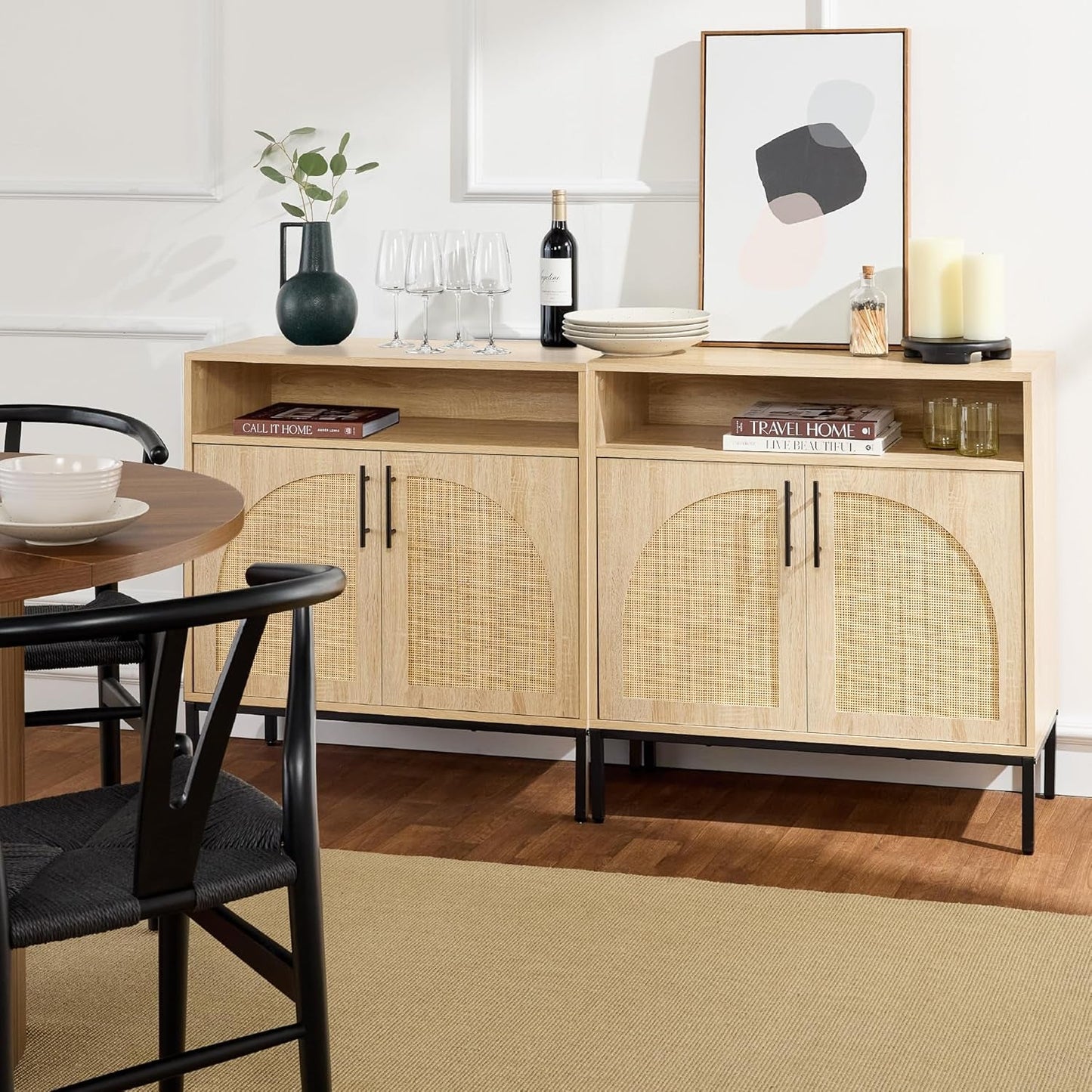 Rattan Sideboard Buffet Cabinet Natural Color Cord Cutout