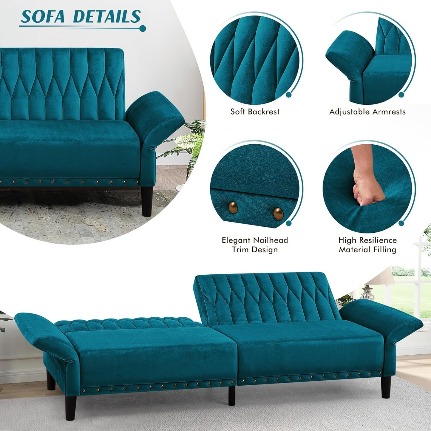 Teal Velvet Convertible Sleeper Sofa With Nailhead