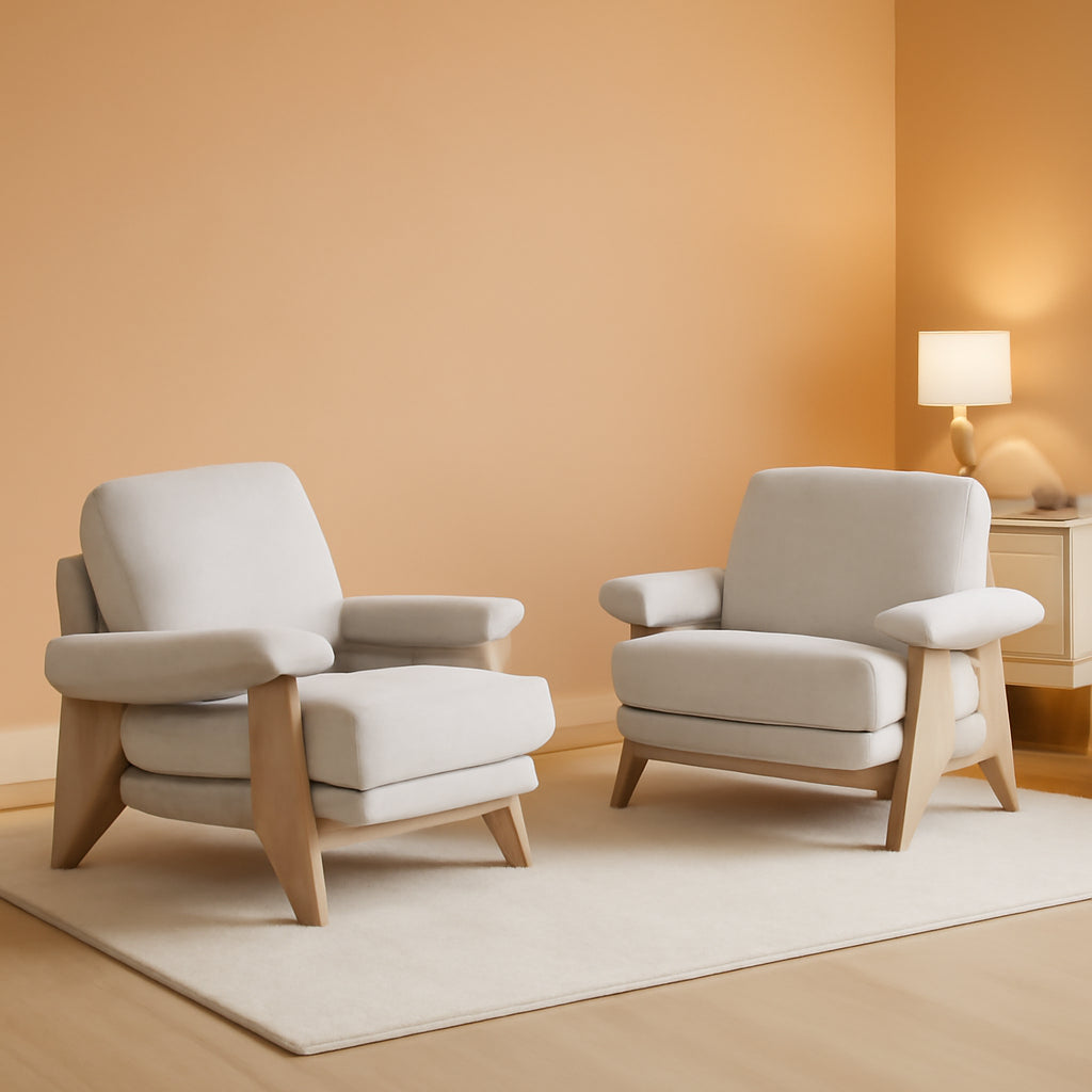 Ivory Chenille Accent Chair Solid Wood LivingRoomSet