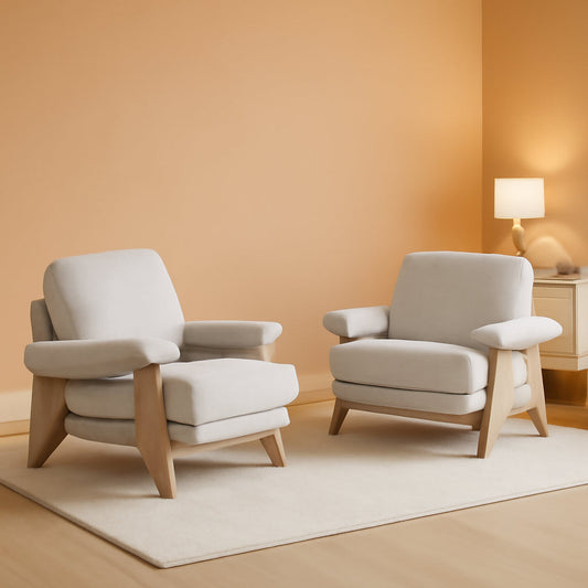 Ivory Chenille Accent Chair Solid Wood LivingRoomSet