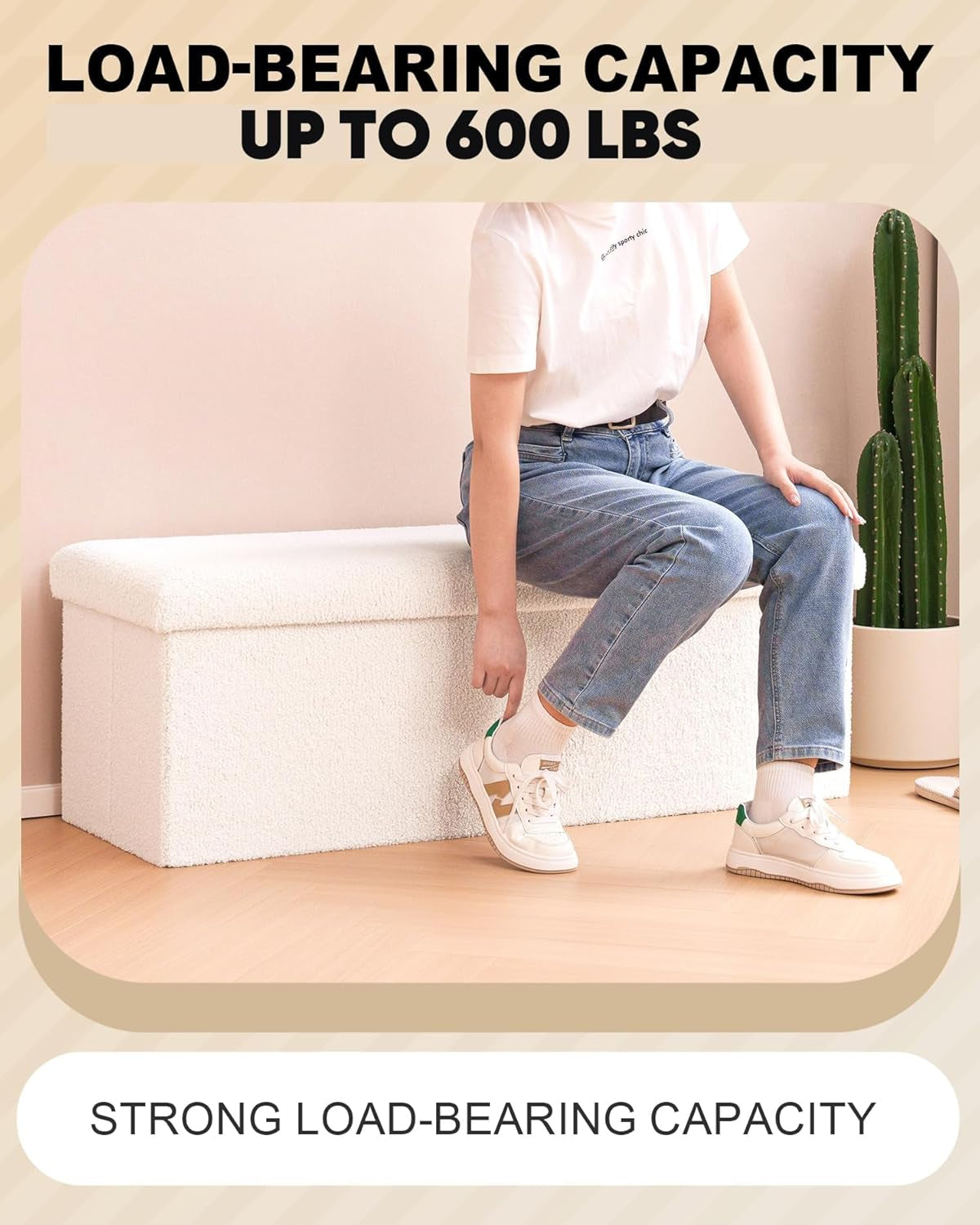 Cream White Faux Fur Storage Ottoman 43.3 Inch Dimensions